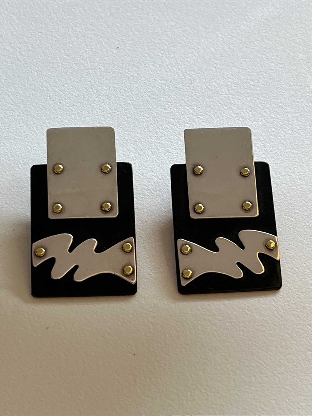 Vintage Sterling Wood Geometric Post Earrings Black Gray Gold Modernist 1980s